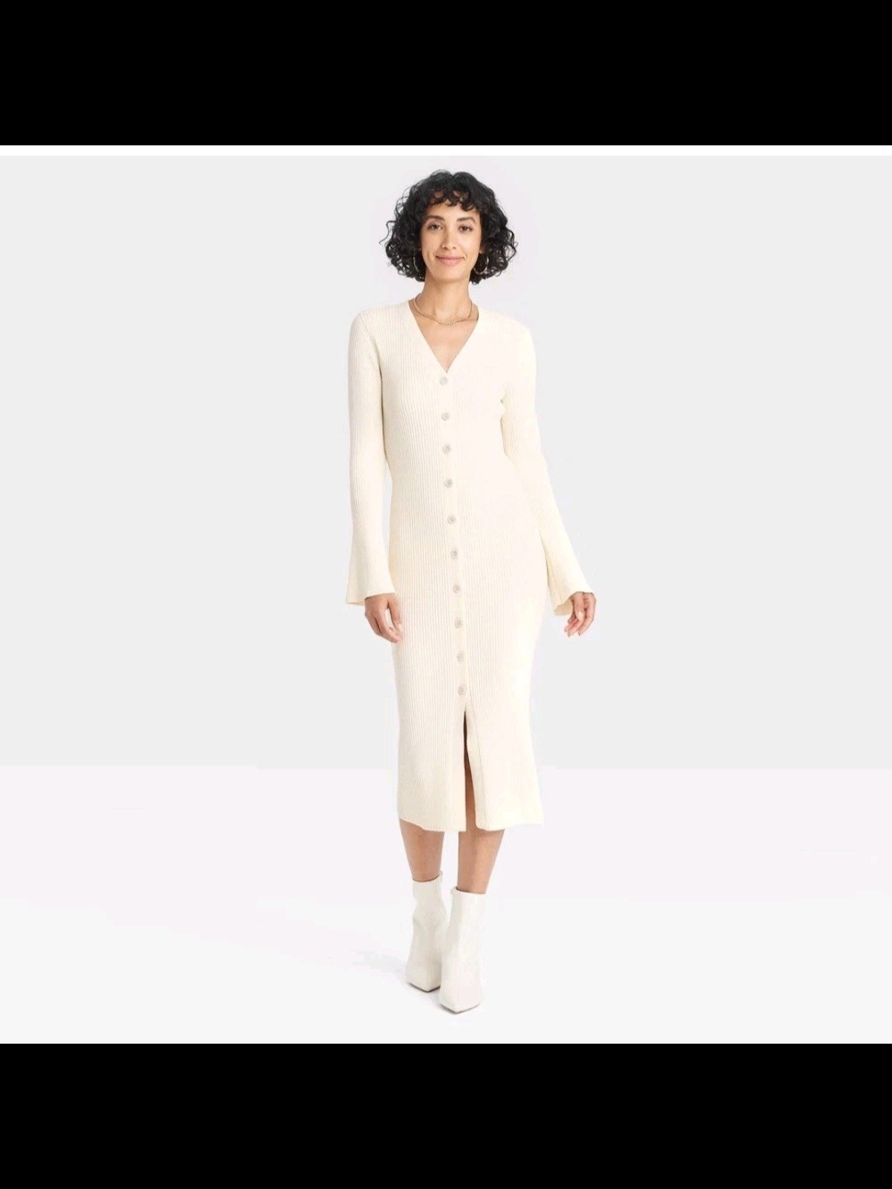 a new day Cream Button-Down V-Neck Ribbed Midi Dress